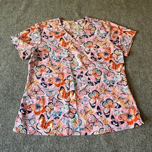 Divine Butterfly Print Scrub Top Womens XL Pink Orange V-Neck Medical Uniform